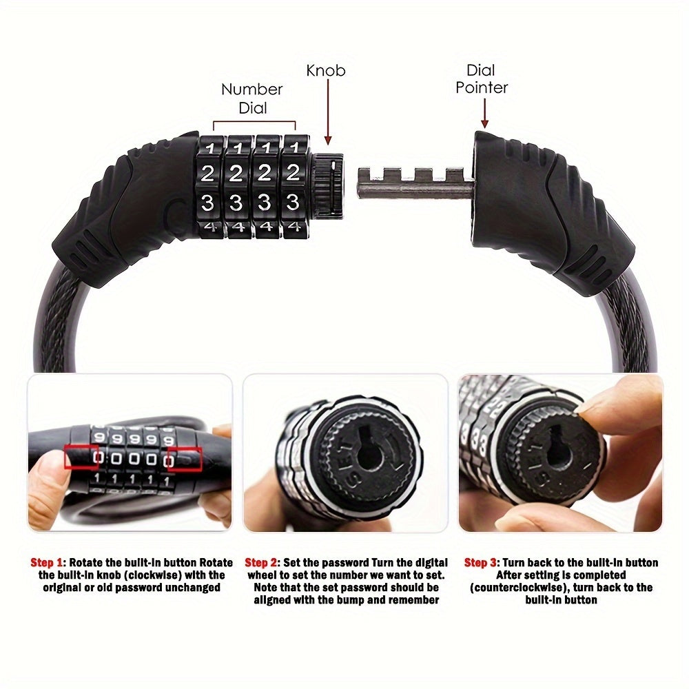 3pc Set 2 Bike 4 Position Password Lock & 1 Bell Bike Adjustable Anti-theft Pair