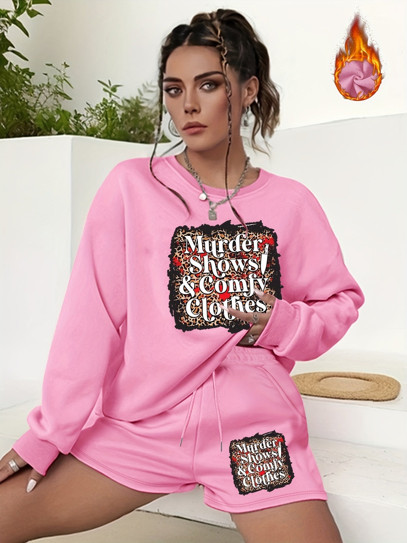 Halloween 2pcs Set Women's Plus Letter Print Sweatshirt & Shorts