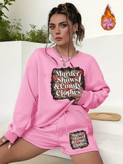 Halloween 2pcs Set Women's Plus Letter Print Sweatshirt & Shorts