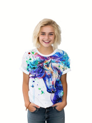 Tie Dye Horse Short Sleeve T-shirt Loose Fit Pullover For Kids
