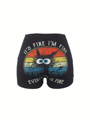 Stripes & Cartoon Cat Print Shorts Skinny Shorts For Women