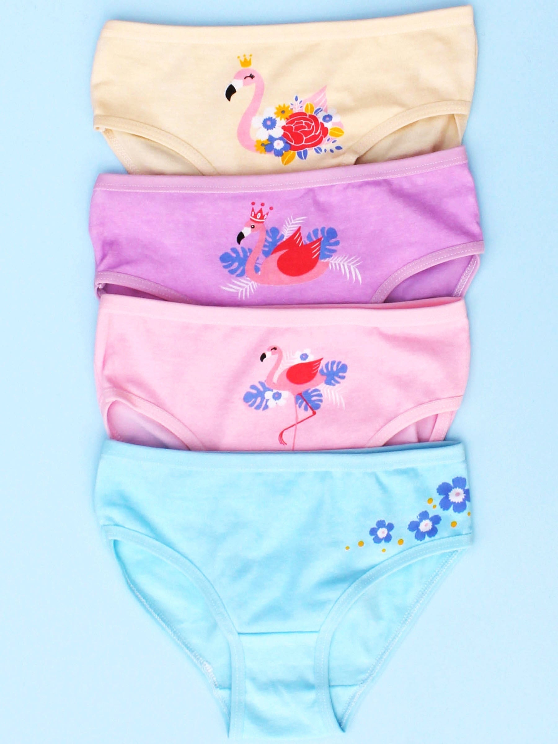 4 Packs Flamingo Graphic Girls Briefs Cotton Breathable Comfortable Underwear