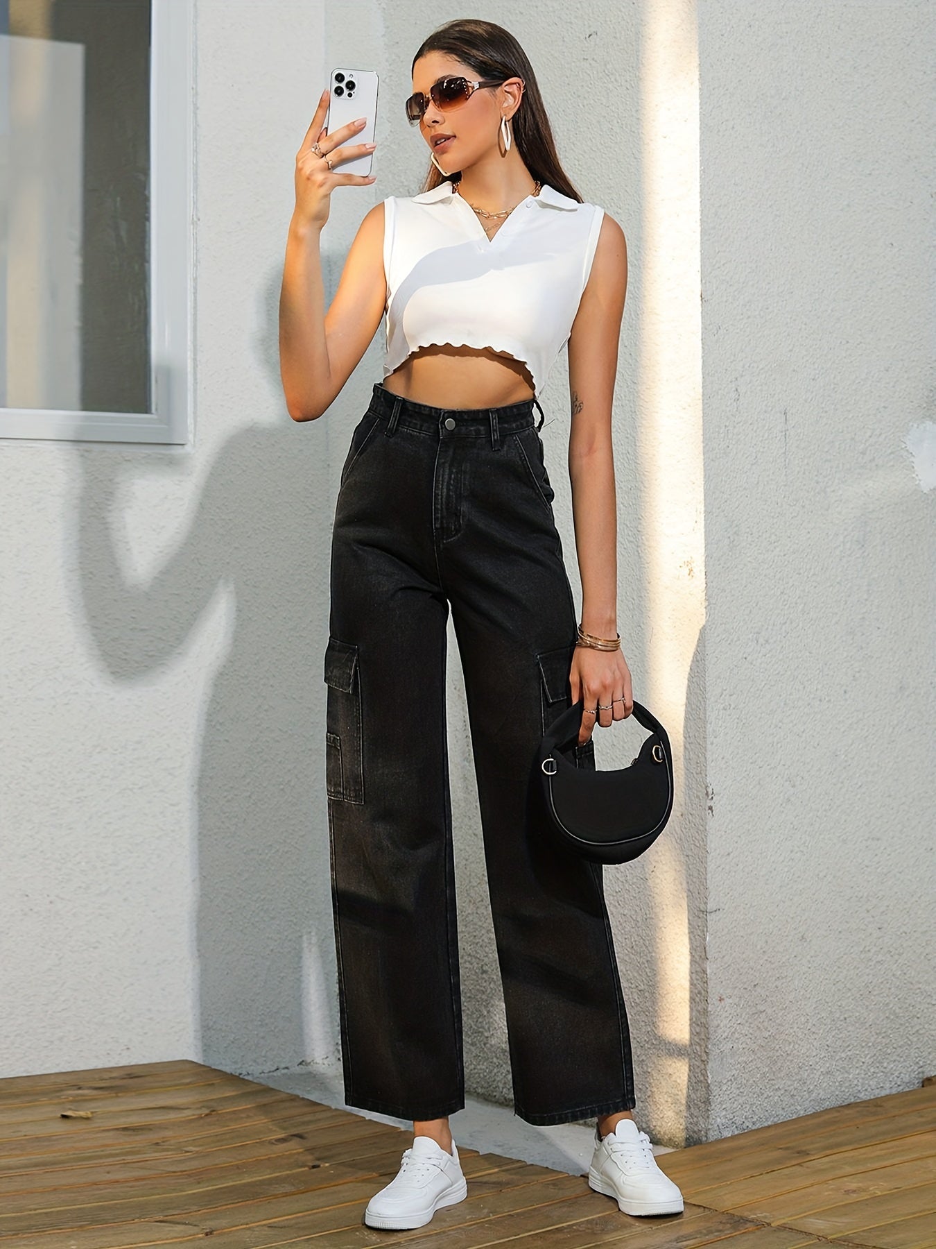 High Rise Denim Pants Solid Slash Pocket Straight Leg Jeans