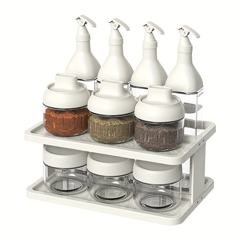 11pcs Spice Storage Jar Set with Rack and Labels Double Shelf for Sealed Seasoni