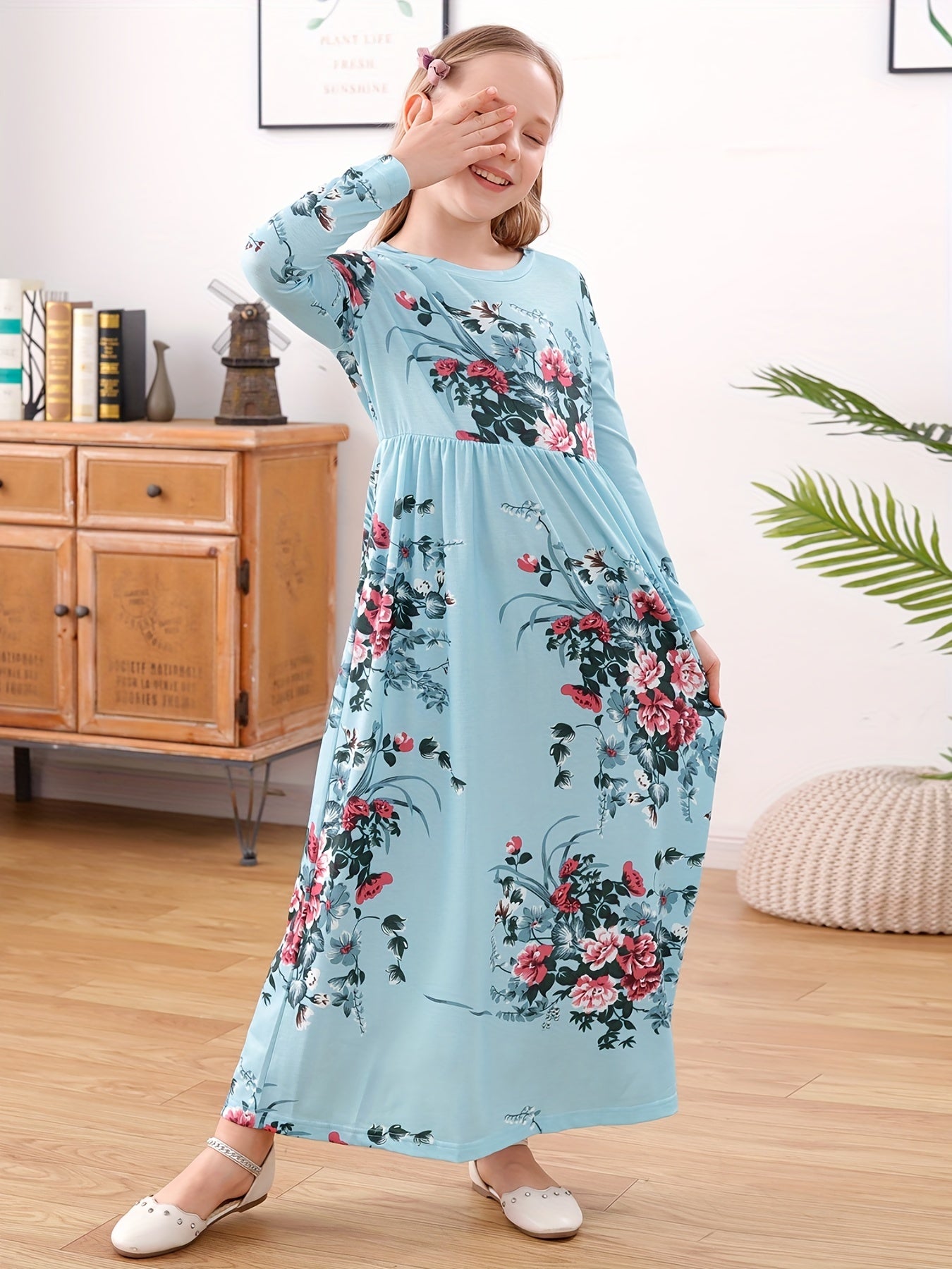Girls Floral Print Loose Dress With Pockets for Spring