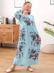 Girls Floral Print Loose Dress With Pockets for Spring