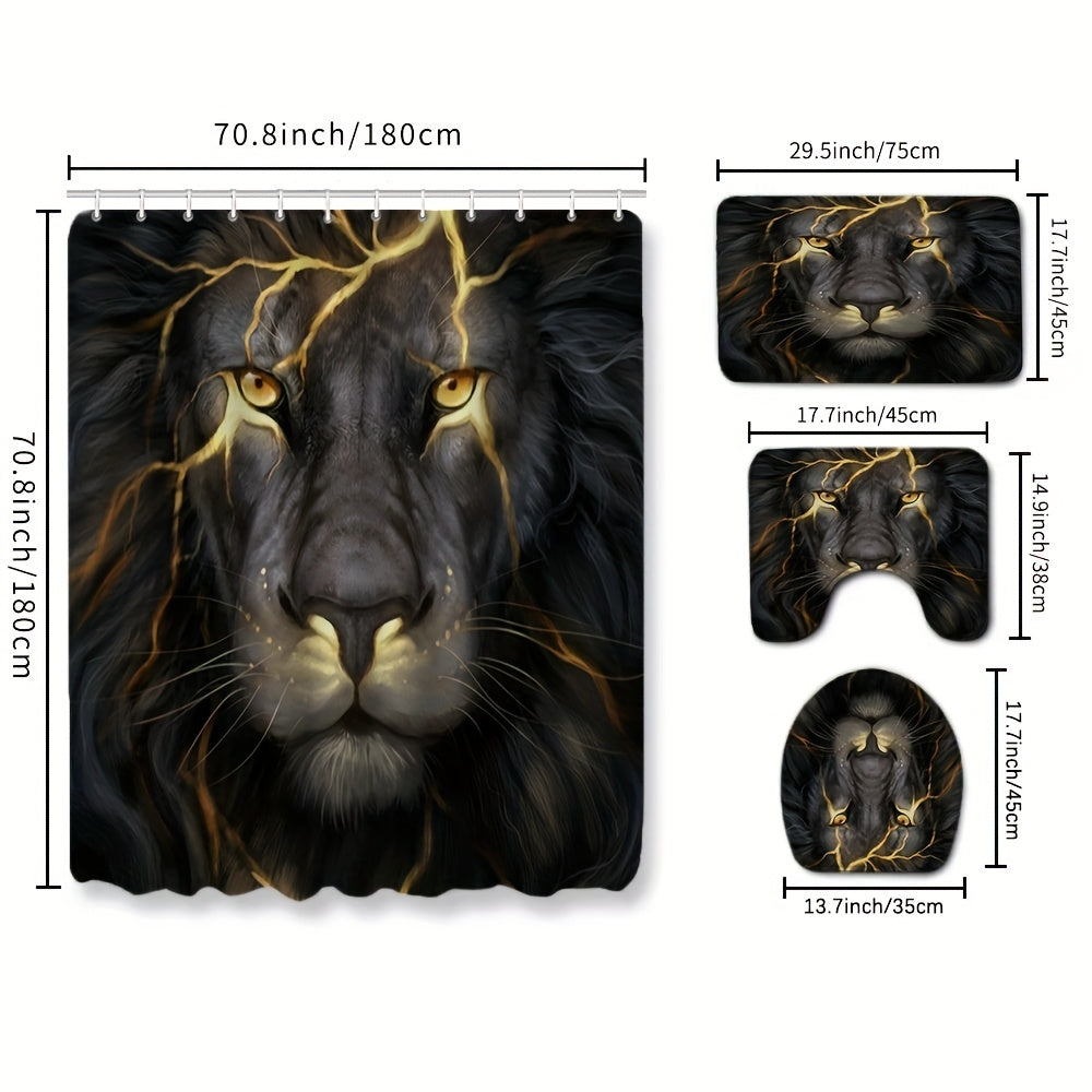 Lion Print Shower Curtain Set with 12 Hooks & Non-Slip Bathroom Rug