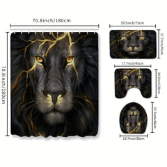 Lion Print Shower Curtain Set with 12 Hooks & Non-Slip Bathroom Rug