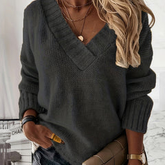 V Neck Sweater Solid Knitted Long Sleeve Pullover Jumper