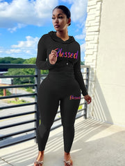 Blessed Print Two piece Set Long Sleeve Drawstring Hoodies & Skinny Pants