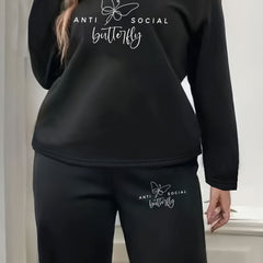 Women's Plus Size Letter & Butterfly Print Fleece Top & Pants Set