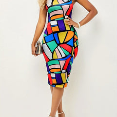 Contrast Crew Neck Dress Sleeveless Bodycon Midi Dress