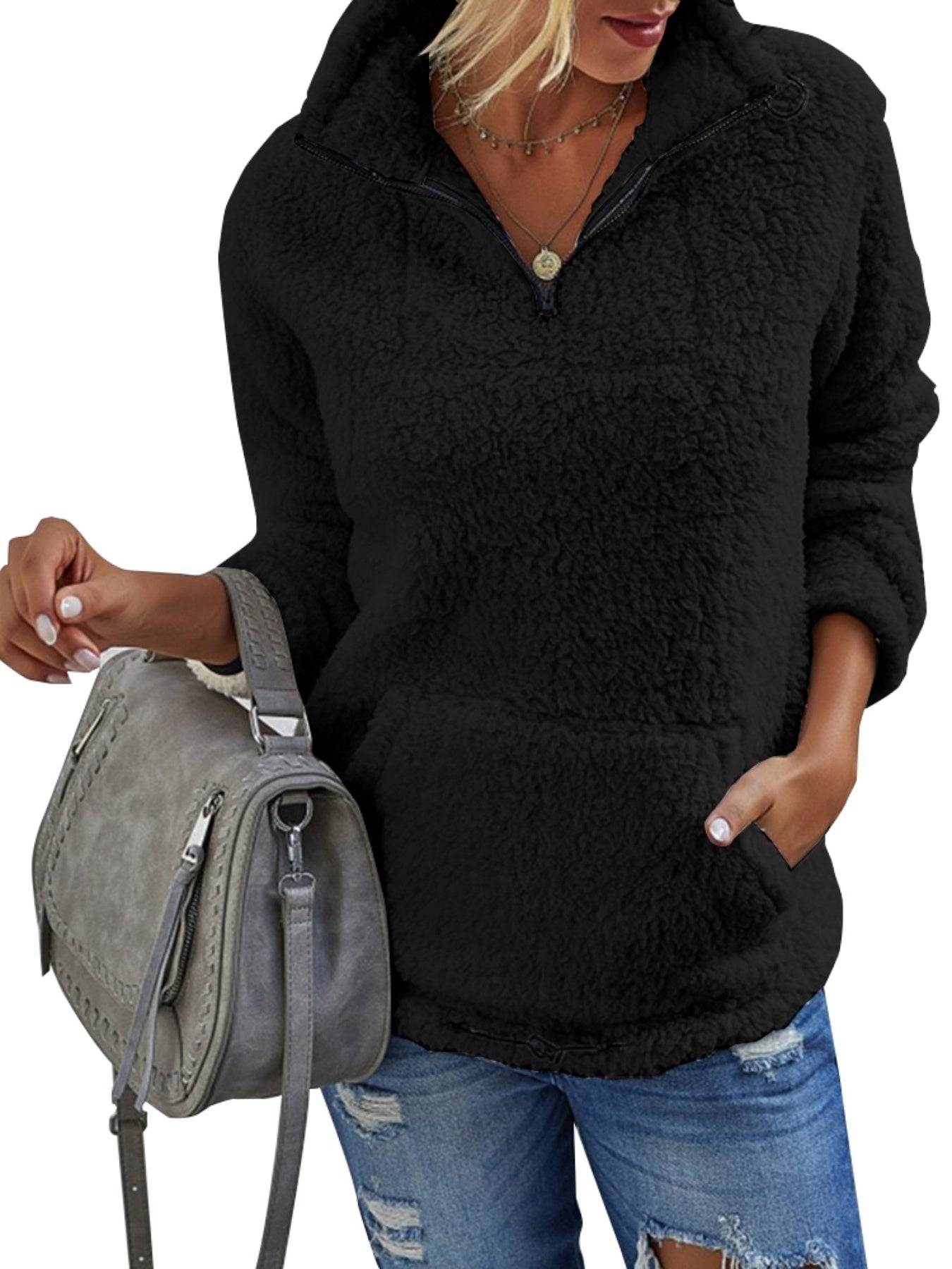 Casual Fuzzy Stand Collar Pullover Sweatshirt