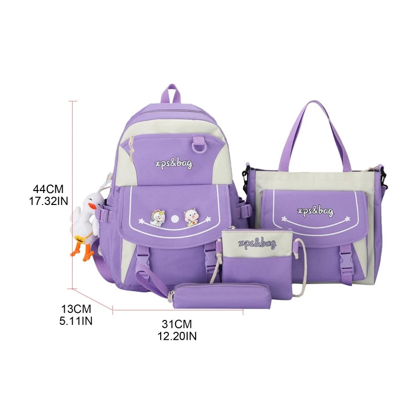 4pcs Cartoon Nylon School Backpack Travel Daypacks for Student Teen Girls