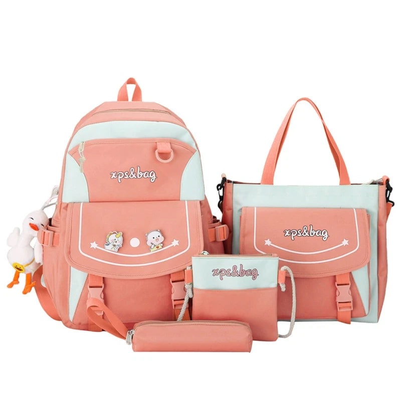4pcs Cartoon Nylon School Backpacks Travel Daypacks Shoulder Bags Pencil Case