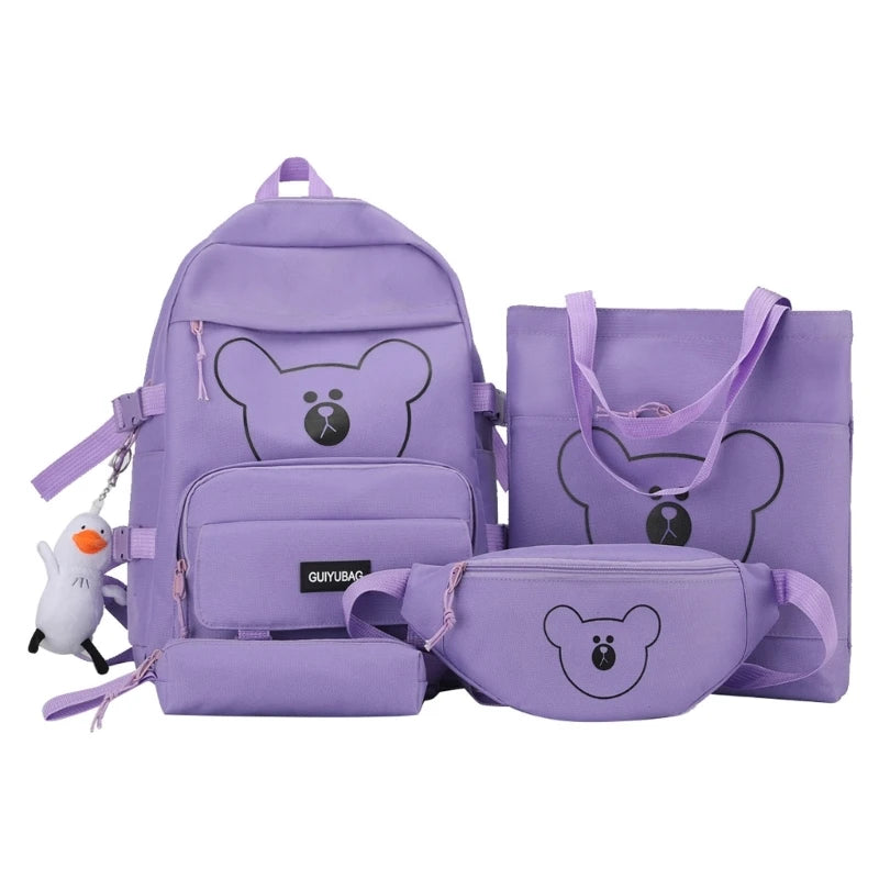 4pcs Bear Backpack with Waist Bag Handbag Pencil for Teenagers