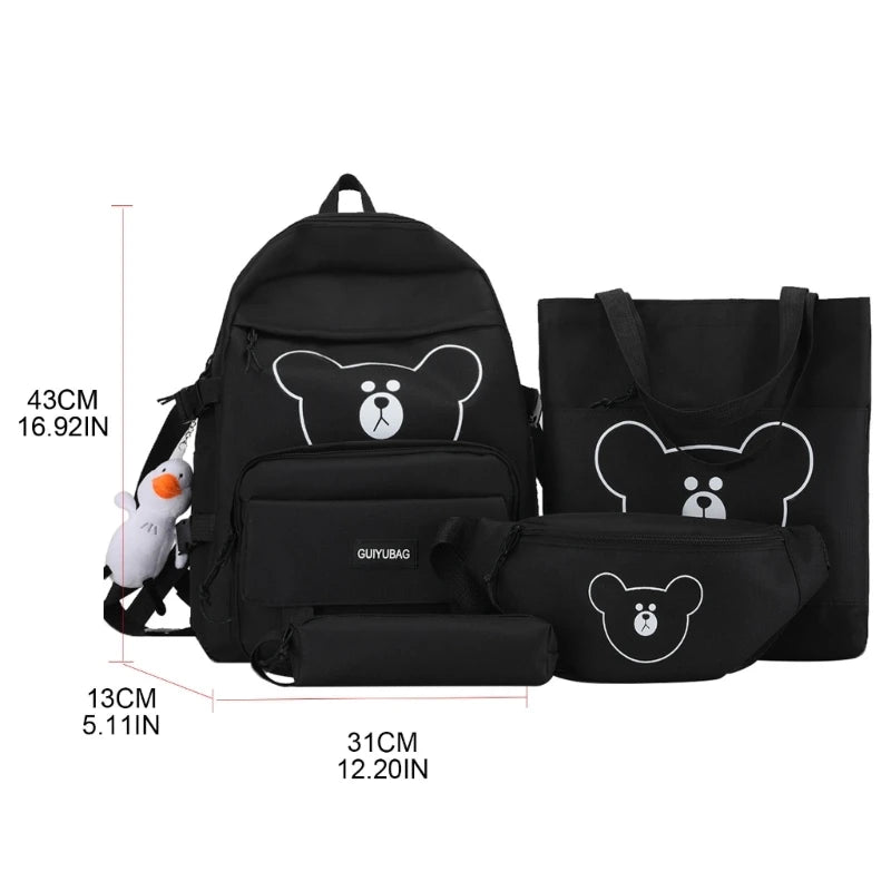4pcs Bear Backpack with Waist Bag Handbag Pencil for Teenagers