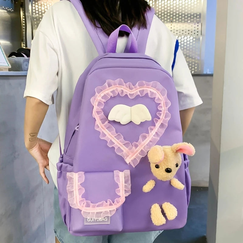 4pcs Lace School Backpack with Shoulder Bag Pencil Case Book Bags