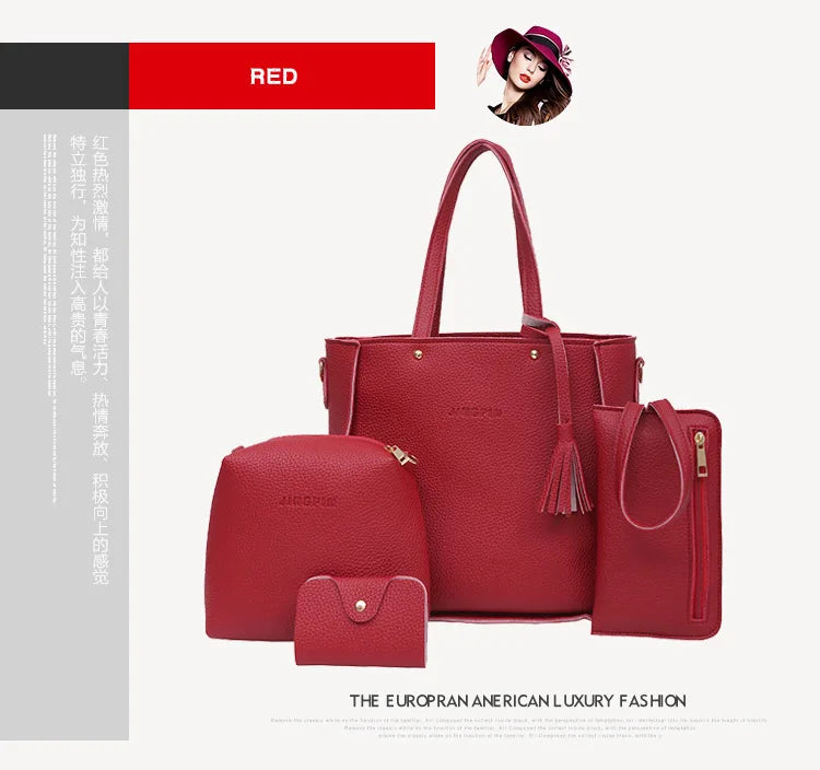 4pcs Set Tassel Crossbody Bag Wallet Purse for Women Lady Girl