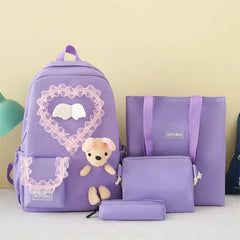 4pcs Set Bear Lace Heart Backpack Shoulder Bag School Bag Teenager Boys Girls