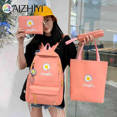 Preppy Style Daisy Print Backpack Set Canvas School Rucksack Girls Travel Bags