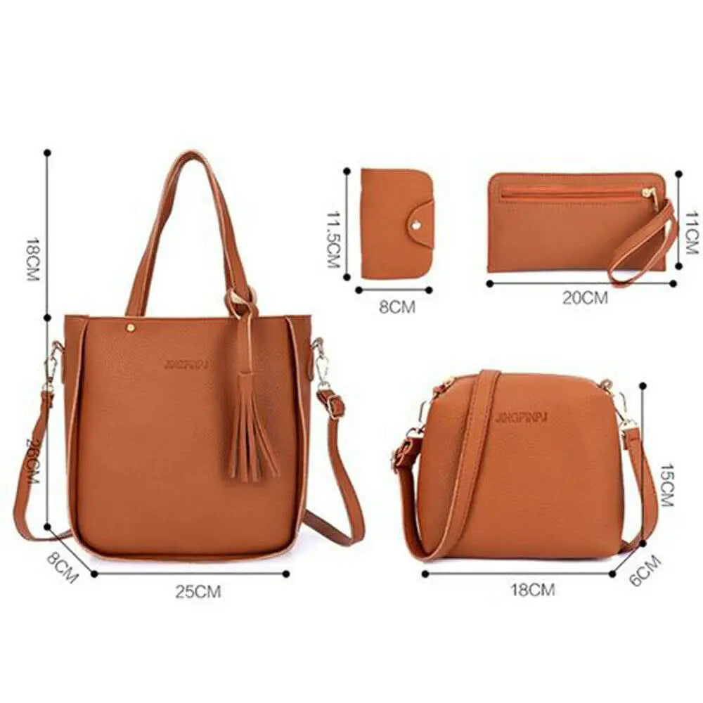 4pcs Women Leather Handbag Shoulder Bag Tote Purse Messenger Satchel Set
