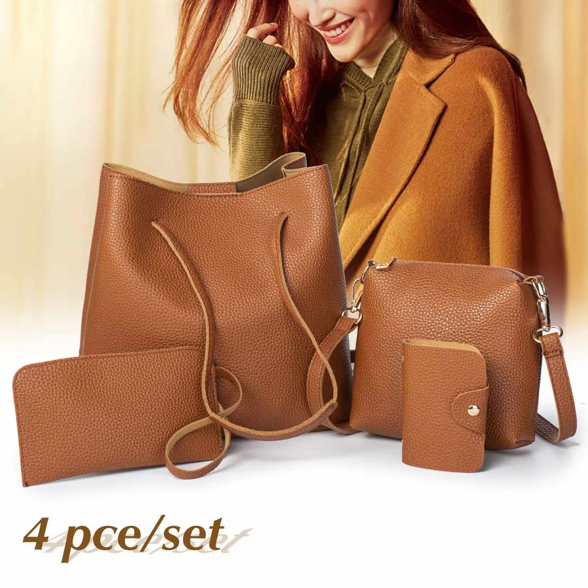 4pcs Women Handbags Wallet Tote Shoulder Bag Satchel Purse Set PU Leather