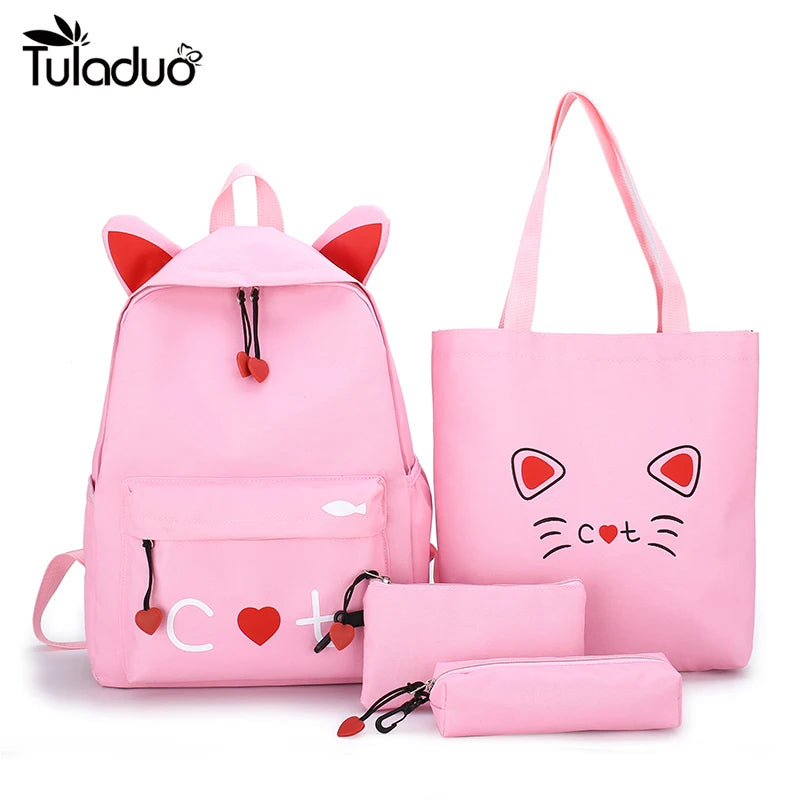 4pcs Women School Backpacks Girls Student Book Bag B