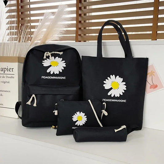 Daisy Print Backpack and Stationery Set Nylon Women Shoulder Bag