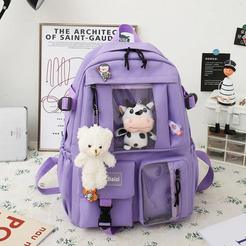 5-Piece Canvas Lightweight Travel Backpacks Women's Backpack Cartoon Schoolbag