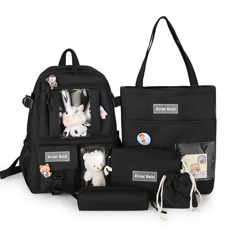 5-Piece Canvas Lightweight Travel Backpacks Women's Backpack Cartoon Schoolbag