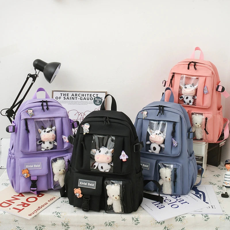 5-Piece Canvas Lightweight Travel Backpacks Women's Backpack Cartoon Schoolbag
