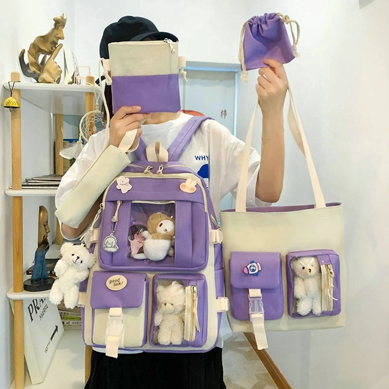 5 Piece Women Backpack School Bag Girls Large Capacity