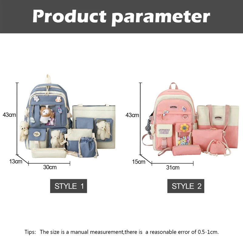 5-Piece Women Backpack School Bag Girls Large Capacity Knapsack
