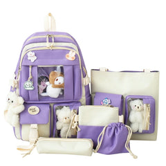 5 Piece Women Backpack School Bag Girls Large Capacity
