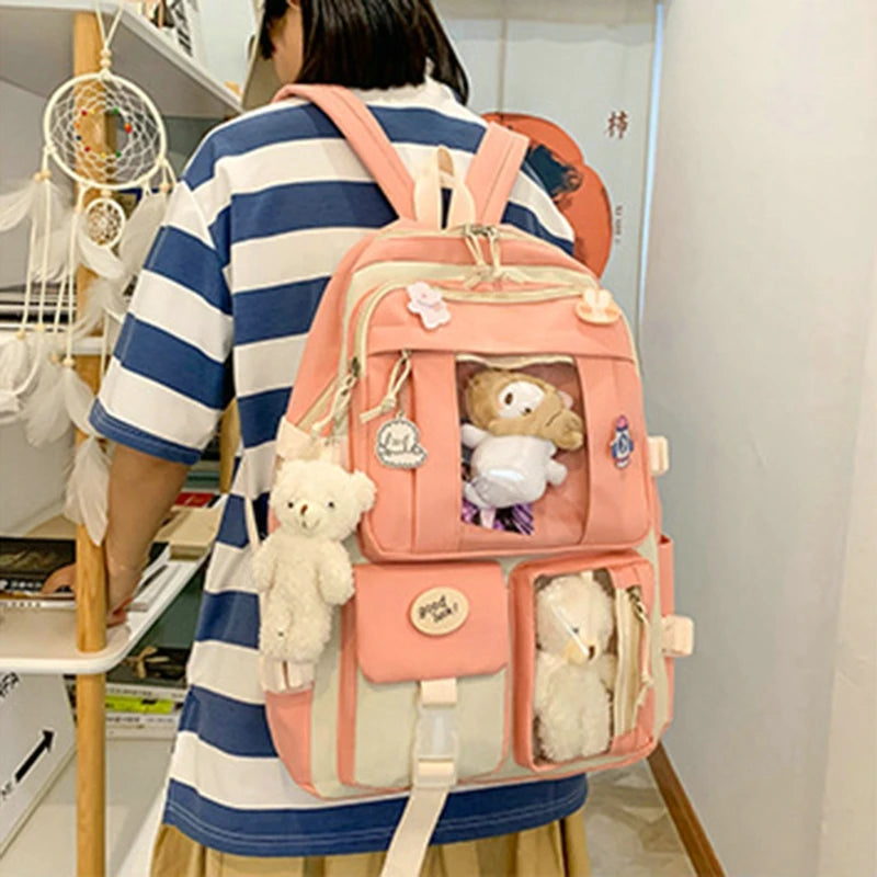 5 Piece Women Backpack School Bag Girls Large Capacity