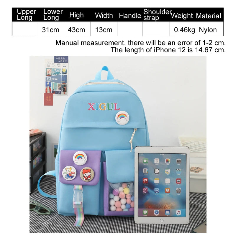 5 Piece Kids Backpack Set Stamp Backpacks for Teenagers Girls School Bags