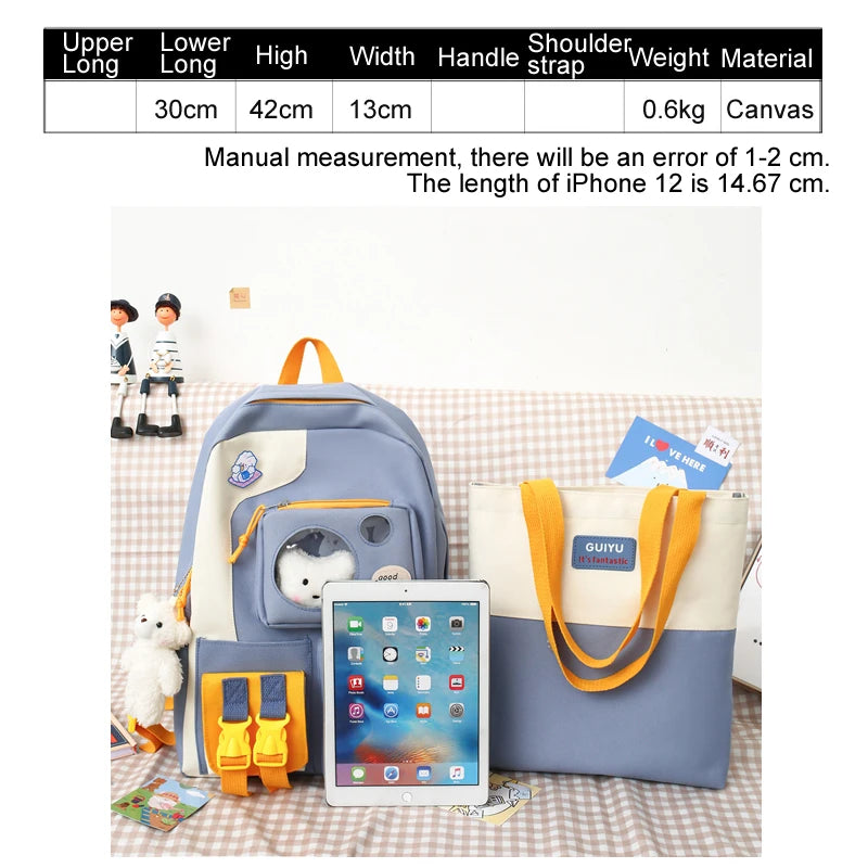 5-Piece School Bags for Girls Bear Backpack Set with Pencil Case