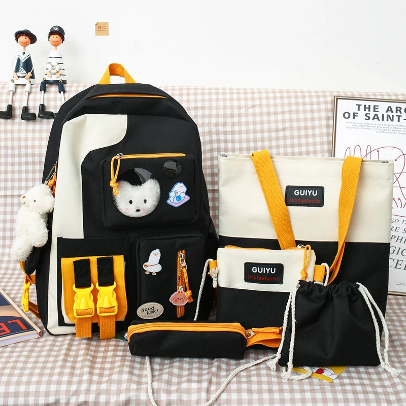 5-Piece School Bags for Girls Bear Backpack Set with Pencil Case