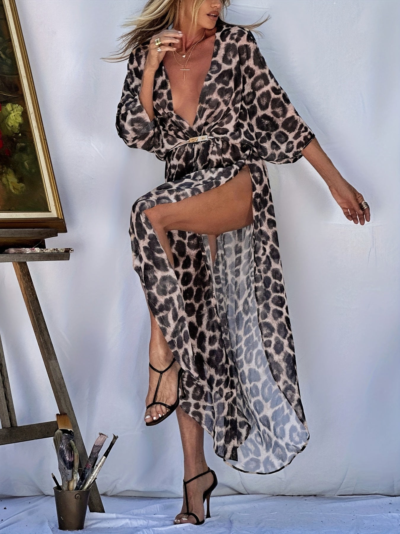 Leopard Print Cover Up Shirt V Neck Beachwear Women's Swimwear