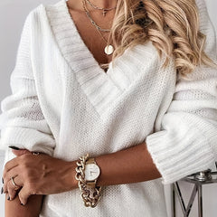 Solid Knit Sweater V Neck Long Sleeve Casual