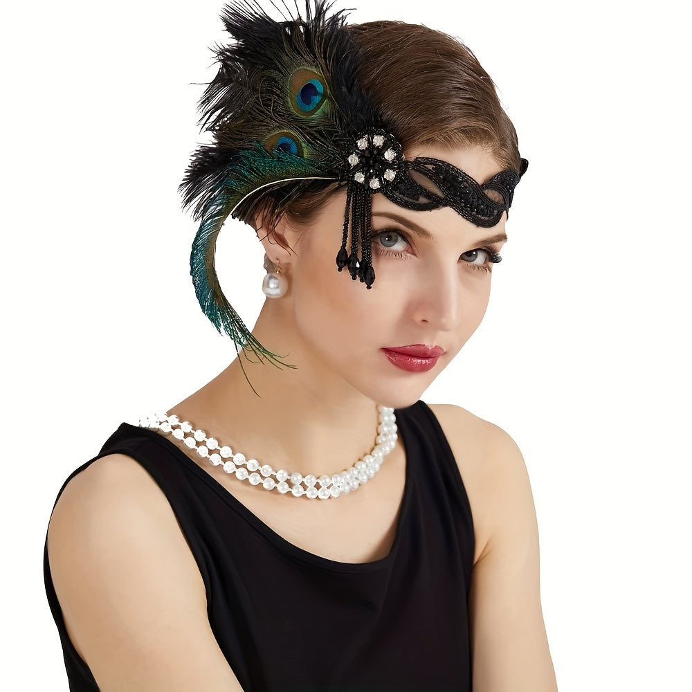 Faux Peacock Feather Headband Rhinestone Hair Band for Women
