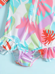 Baby Girls Leaf Graphic Print One Piece Swimsuit Short Sleeve Bathing Suits