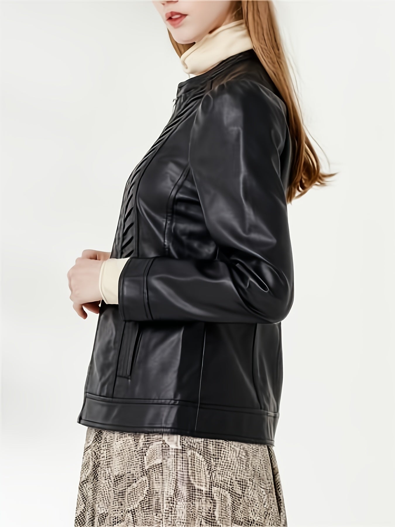 Faux Leather Zipper Coat Woven Pattern Slim Outerwear