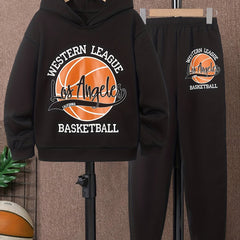 Boy's Basketball 2pcs Sweatshirt & Sweatpants Set LA Print Top Outfit