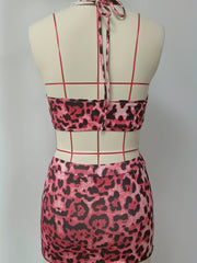 Leopard 2pc Cosplay Set Halter Top & Bodycon Skirt Outfit Women's Clothing