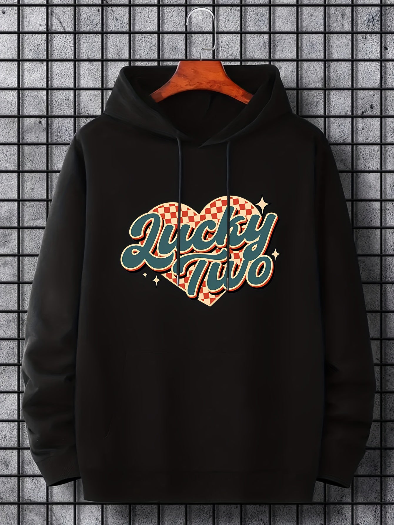 Men's Lucky Two Print Hoodie Casual Slightly Stretch Drawstring Hooded Sweatshir