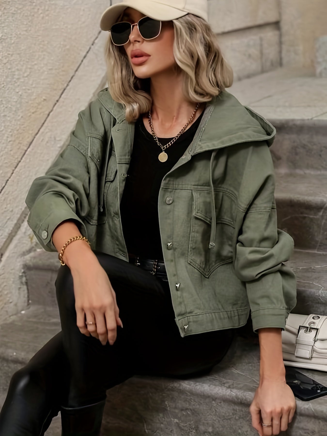 Green Long Sleeves Denim Jackets Hooded Coats