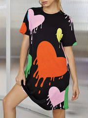 Heart Print Lounge Dress Soft & Comfy Short Sleeve Crew Neck Home Dress