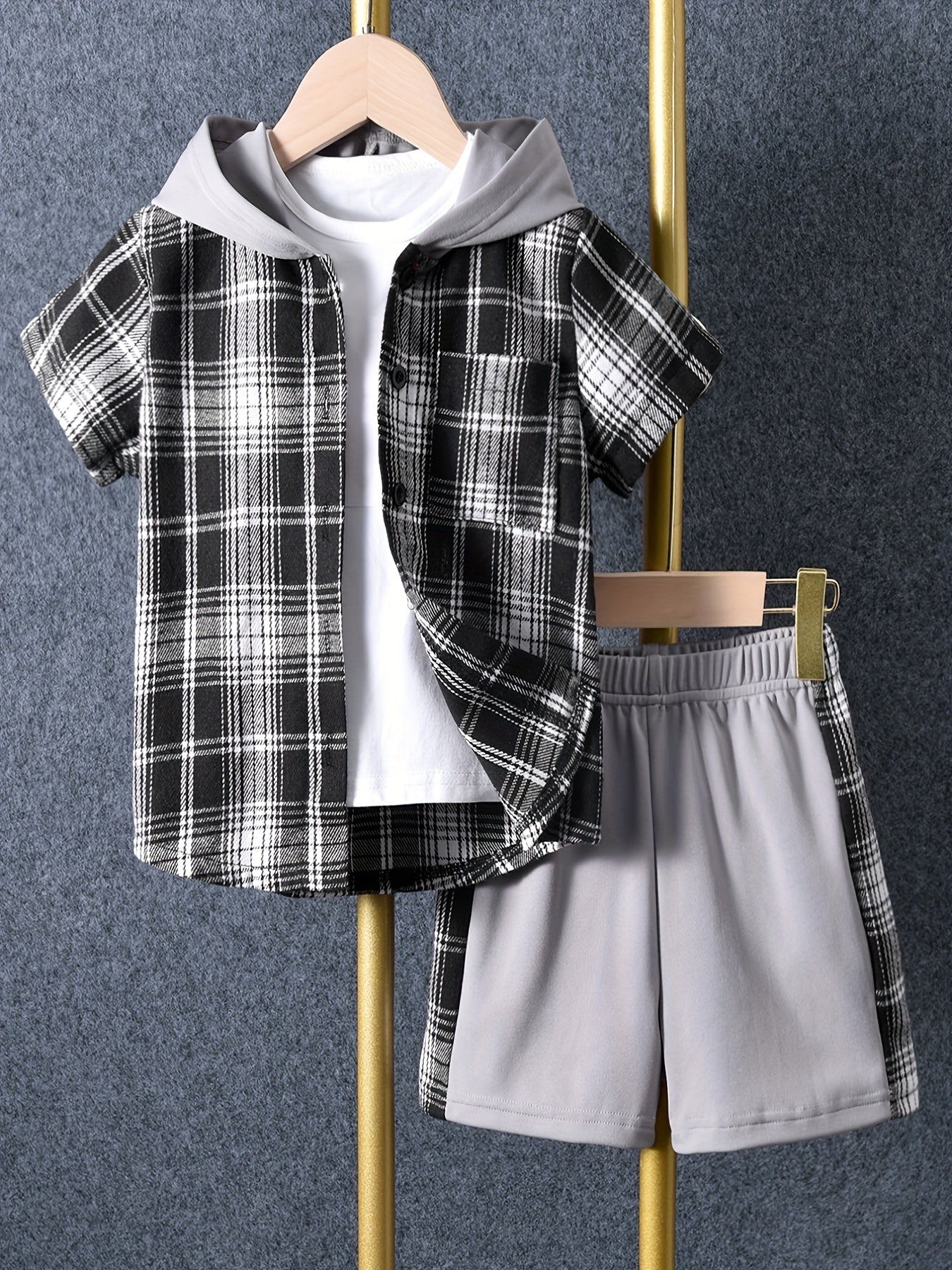 Boys Plaid Hooded Shirt & Shorts Summer Outfit